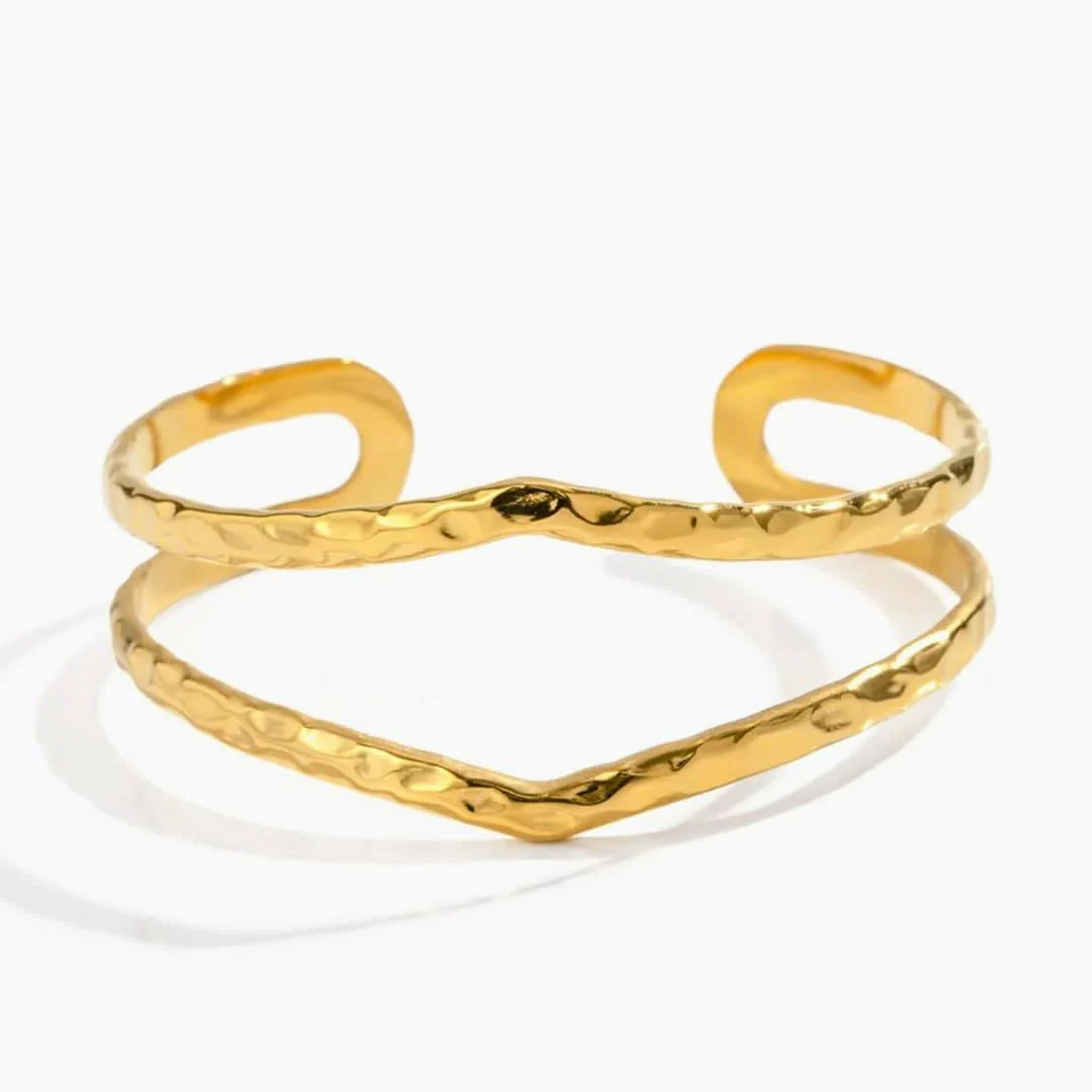 Vintage Hammered Double Cuff Bangle Bracelet Gold